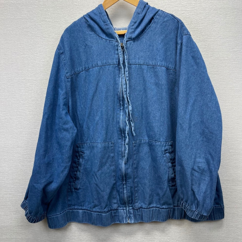 Roaman's Denim Zip Hoodie Women 30W Blue Cotton Lightweight Elastic Hem Jacket